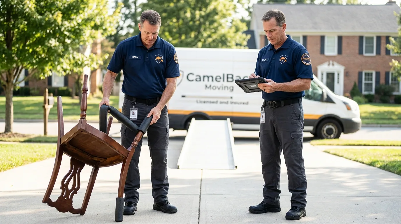 Movers inspecting furniture for damage prevention before loading in Carolina, PR
