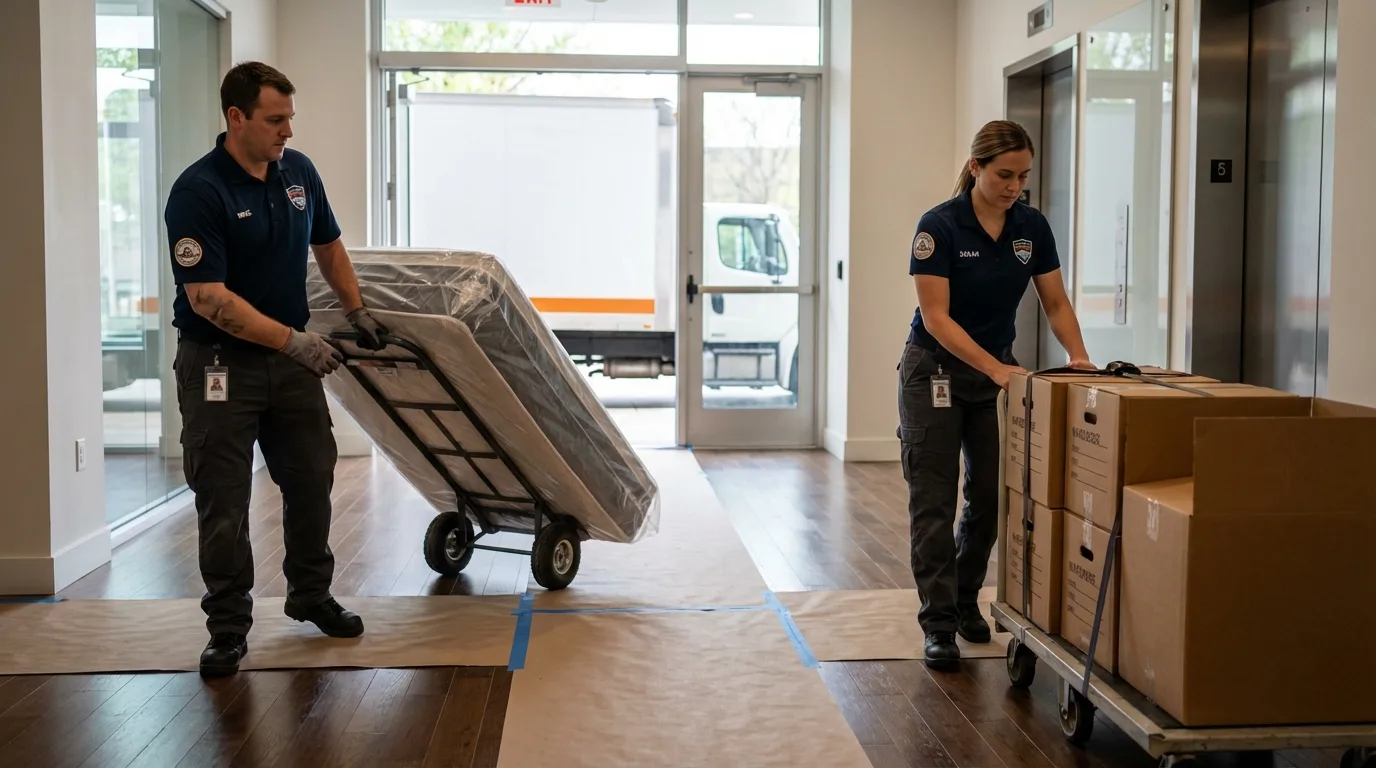 Professional apartment movers loading elevator in Carolina, PR